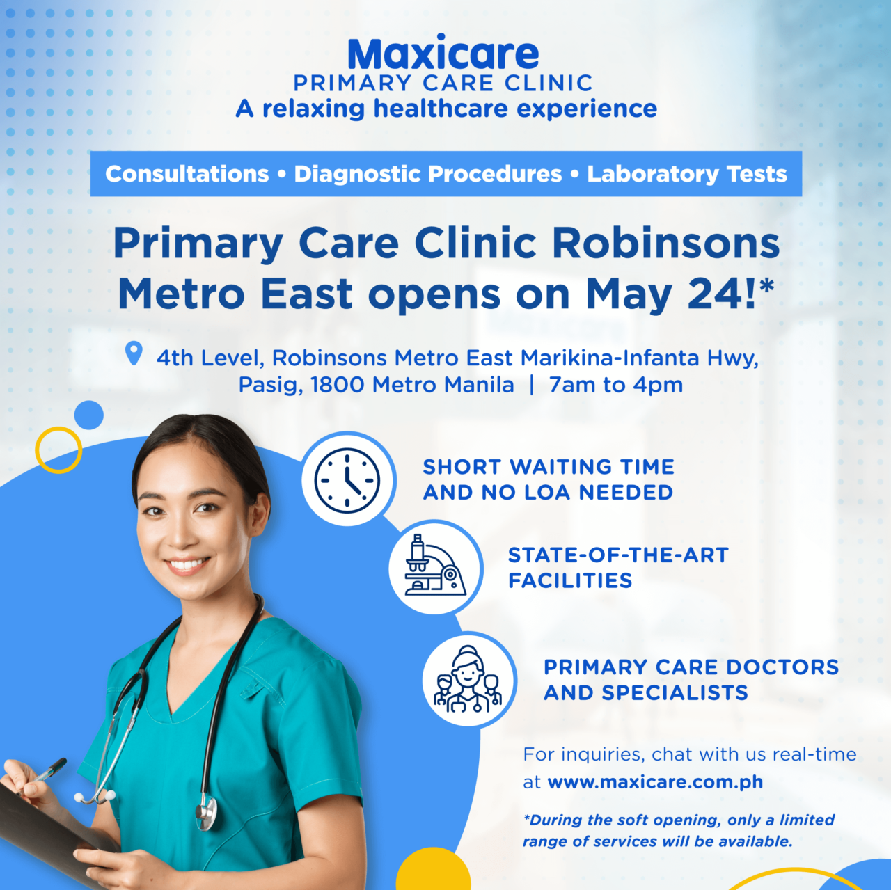 Maxicare Primary Care Clinic Robinsons Metro East is Opening on May 24